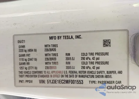 2021 Tesla Model 3 Performance Dual Motor All-Wheel Drive z USA, uszkodzony, nr VIN 5YJ3E1EC2MF001553